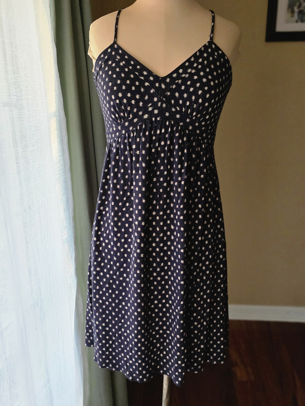 Loft Navy & Tan Polka Dot Empire Waist Dress Size XXS
